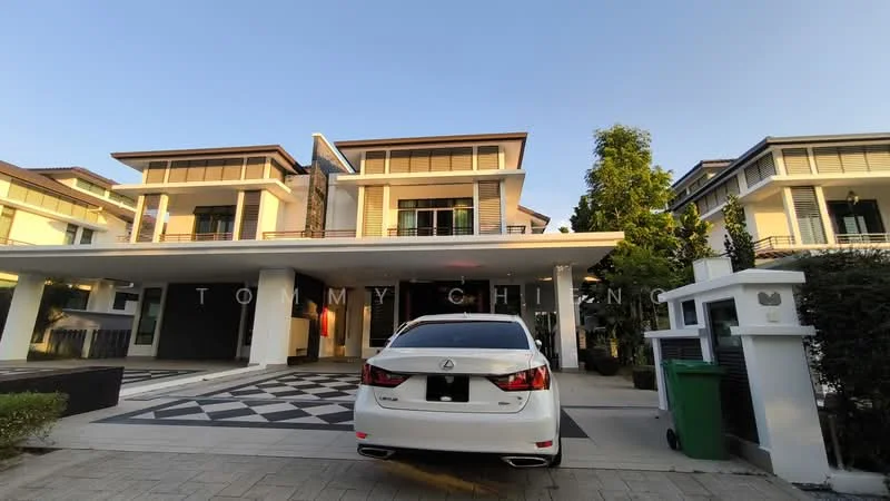 Exterior type: detached bungalow; features: white painted facade, flat roof, 2-storey building, recessed balconies, large windows, manicured lawn, paved driveway, decorative stone cladding, landscaped garden, security gate, car porch with awning; style: modern.