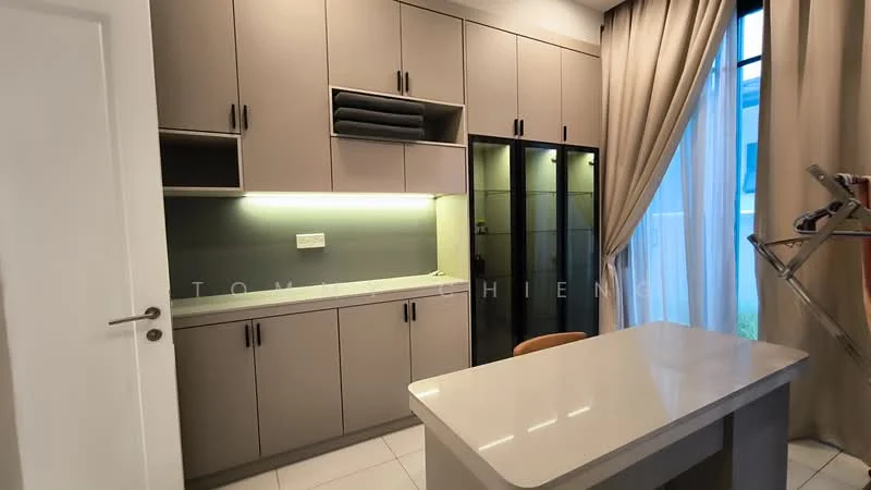 Study features: light grey cabinetry with upper and lower storage, white countertop, built-in shelving, black glass cabinet, recessed lighting, cream curtains, white tiled flooring, desk chair; style: modern.