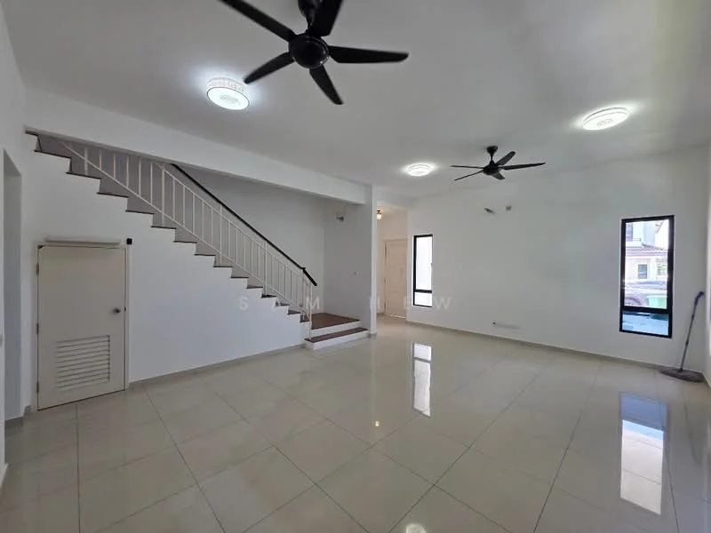 Living features: white painted walls, glossy ceramic tile flooring, 2 ceiling fans, recessed downlights, staircase with wooden steps, large windows, door leading to outdoor area, open layout; style: modern.