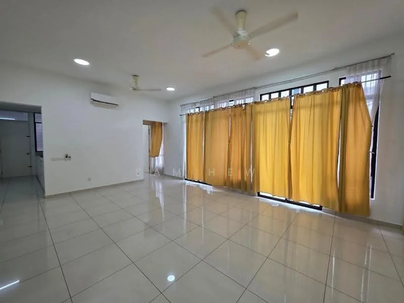 Living features: white painted walls, glossy ceramic tile flooring, 5-blade ceiling fan with light, recessed downlights, large windows with sheer and blackout curtains, air conditioning unit, neutral color scheme, open layout; style: modern.