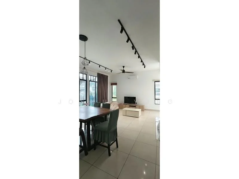 Living features: white painted walls, tile flooring, recessed LED downlights, 5-blade ceiling fan, wall-mounted TV, TV console, large windows with sheer curtains, dining table with chairs, sofa, decorative pendant light; style: modern; view: city.