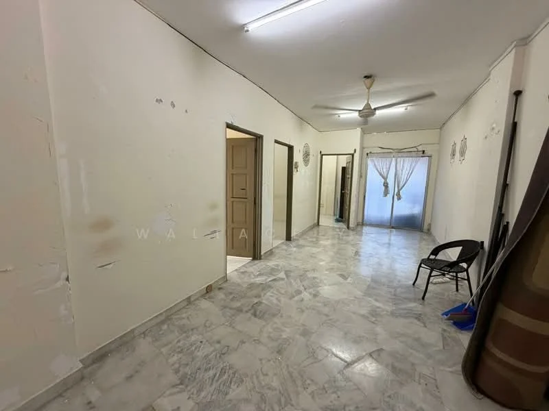 Room features: white painted walls, marble flooring, ceiling fan, doorways leading to other rooms, curtains on window, chair, blue plastic broom, light fixtures on ceiling.