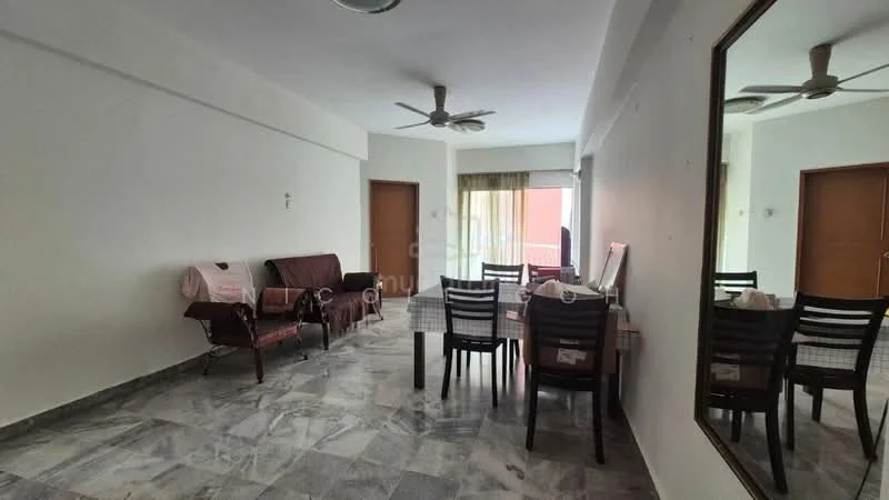 Living features: marble flooring, white painted walls, 5-blade ceiling fan, dining table with chairs, sofa set, mirror on wall, curtains on window, wooden door, window with view, decorative wall; style: modern.