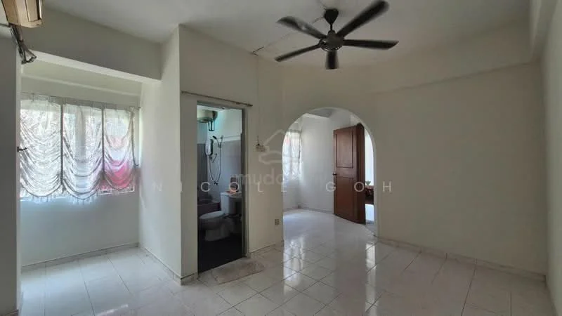Room features: white painted walls, white tiled flooring, 5-blade ceiling fan, arched doorway, window with sheer curtains, doorway leading to another room, visible bathroom area, natural light from window; style: minimalist.