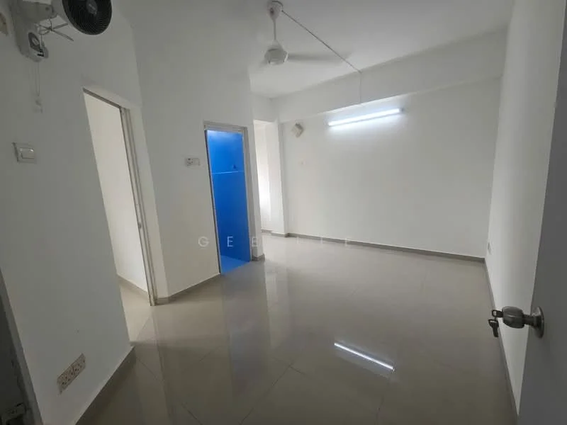 Room features: white painted walls, polished ceramic tile flooring, ceiling fan, LED strip lighting, doorway leading to another room, doorway with blue panel, neutral color scheme, no visible furniture; style: modern.