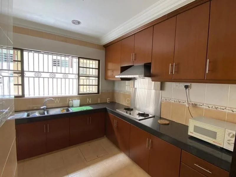 Kitchen features: brown wooden cabinetry, black granite countertop, single-bowl stainless-steel sink, chrome pull-down faucet, built-in gas hob, exhaust hood, microwave, tile backsplash, window with metal grilles, cream tiled walls, cream tiled flooring; style: modern.