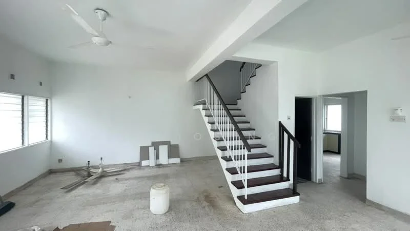 Living features: white painted walls, ceiling fan, staircase with white railing, concrete flooring, large windows, open layout, unfurnished space, natural light; style: minimalist. Room features: white painted walls, concrete flooring, large windows, unfurnished space.