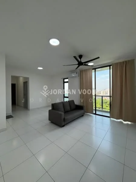 Living features: 3-seater fabric sofa in grey, white painted walls, white ceiling, recessed downlights, 5-blade ceiling fan, floor-to-ceiling windows, sliding glass door, curtains, tile flooring, view of greenery; style: modern; view: garden.