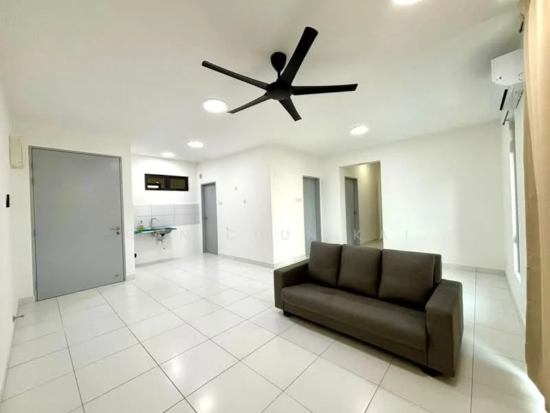 Living features: grey fabric sofa, 5-blade ceiling fan with light, white painted walls, white tiled flooring, recessed LED downlights, floor-to-ceiling windows, air conditioning unit, open layout, wall-mounted TV, neutral curtains; style: modern. Kitchen features: white cabinetry, stainless-steel sink, chrome pull-down faucet, ceramic tile backsplash, built-in stove, kitchen countertop, open shelving; style: modern.