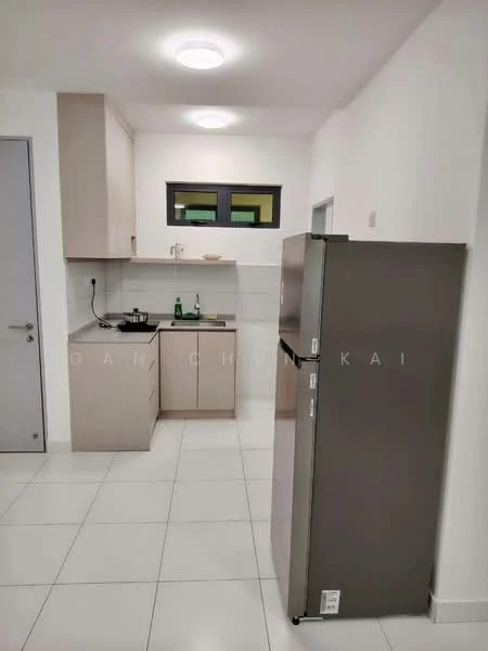 Kitchen features: light wood cabinetry, white tiled backsplash, stainless-steel fridge, single-bowl stainless-steel sink, chrome pull-down faucet, ceramic tile flooring, recessed ceiling lights, window above sink, countertop space, kitchen utensils on countertop; style: modern.