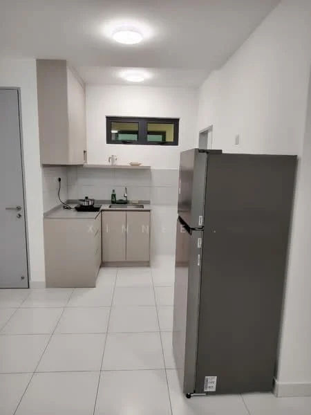 Kitchen features: light grey cabinetry, white tiled backsplash, stainless-steel fridge, built-in gas stove, single-bowl stainless-steel sink, chrome pull-down faucet, white walls, recessed ceiling lights, white ceramic tile flooring, window above sink; style: modern.