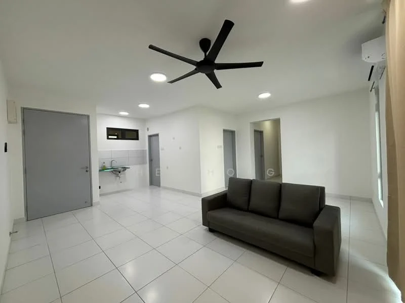 Living features: grey fabric sofa, 5-blade ceiling fan with integrated LED light, white painted walls, white tiled flooring, recessed LED downlights, floor-to-ceiling windows, sliding glass door, air conditioning unit, open layout, neutral color palette; style: modern. Kitchen features: white cabinetry, stainless-steel sink, countertop with backsplash, built-in kitchen appliances, open layout to living area; style: modern. Room features: doorway leading to other rooms, neutral color palette, white painted walls, white tiled flooring.