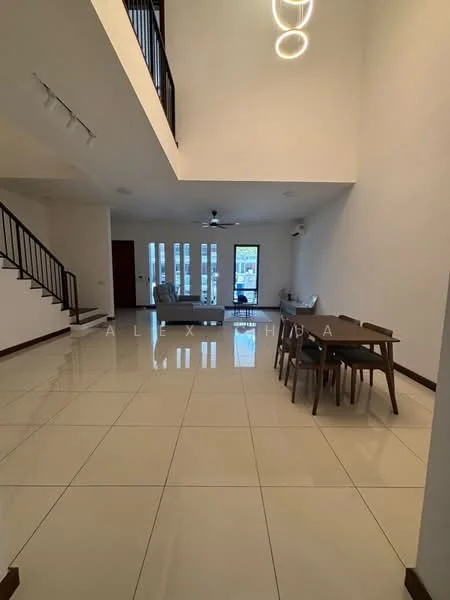Living features: white painted walls, polished ceramic tile flooring, high ceiling, 5-blade ceiling fan, large windows with sheer curtains, dining table for six, sofa, coffee table, open layout, staircase with wooden railing; style: modern.