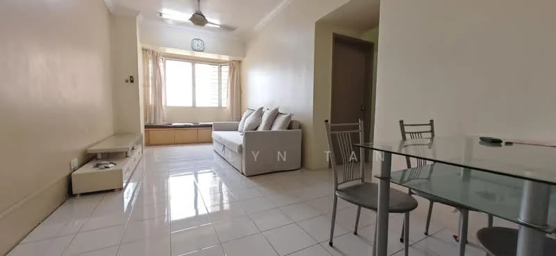 Living features: white painted walls, glossy white tile flooring, 5-blade ceiling fan, floor-to-ceiling window, sheer curtains, sofa with light upholstery, coffee table, TV console, wall clock, dining table with glass top, metal dining chairs; style: modern.