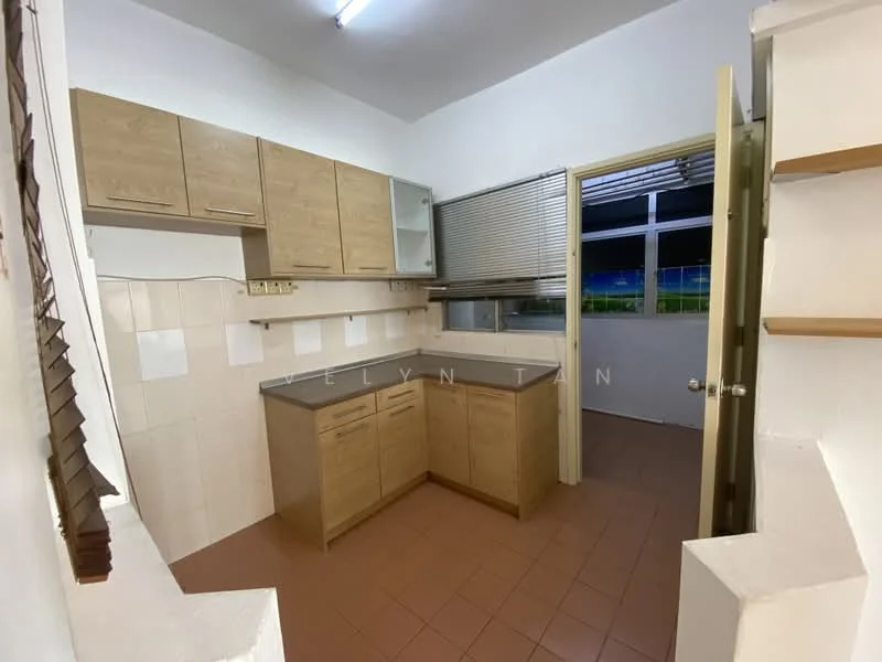 Kitchen features: laminate cabinetry in light wood finish, grey countertop, ceramic tile backsplash, single-bowl stainless-steel sink, chrome pull-down faucet, built-in upper cabinets, open shelving, window with blinds, tile flooring in terracotta color, fluorescent ceiling light; style: modern.