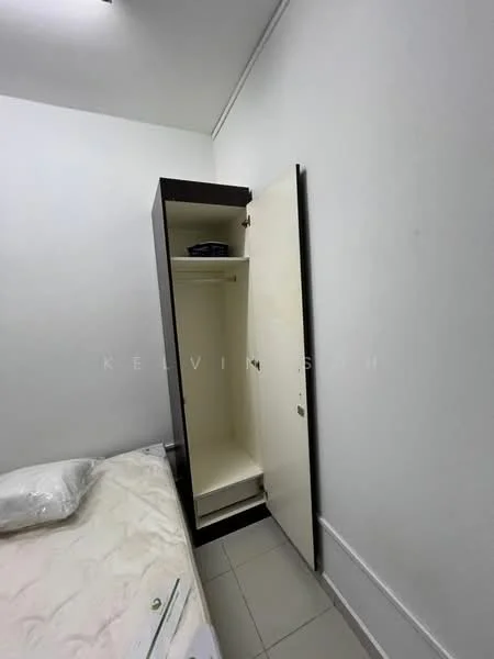Room features: white painted walls, grey tiled flooring, built-in wardrobe with sliding doors, empty space inside wardrobe, bed with white bedding.