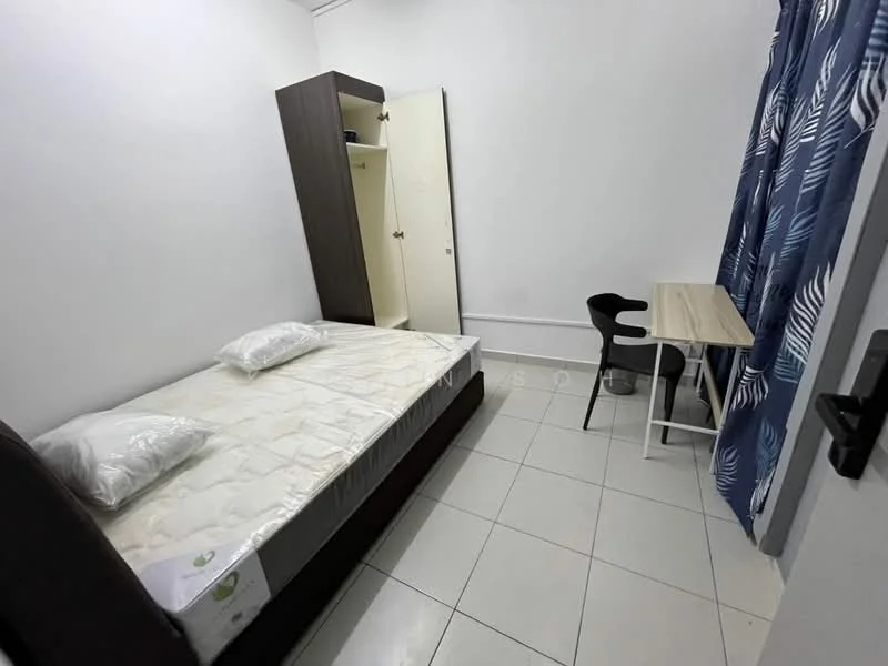 Bedroom features: single bed with mattress, white bedding, wooden wardrobe, study desk, black chair, white painted walls, tiled flooring, blue curtain with leaf pattern, door to wardrobe; style: minimalist.
