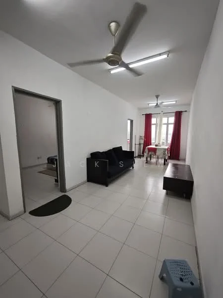 Living features: white painted walls, tile flooring, 5-blade ceiling fan, recessed lighting, black fabric sofa, wooden coffee table, dining table with chairs, large windows with red curtains, green area rug, laundry basket, doorway leading to another room; style: modern.