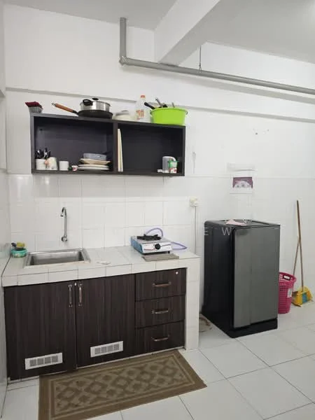 Kitchen features: single-bowl stainless-steel sink, chrome pull-down faucet, white tiled backsplash, dark wood cabinetry, countertop with white tiles, built-in gas stove, black refrigerator, white ceramic floor tiles, open shelving, kitchen utensils on shelf, cleaning supplies visible; style: modern.