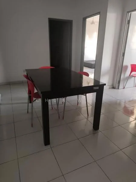 Dining features: black dining table, 4 red dining chairs, white tiled flooring, plain white walls, doorway to adjacent rooms, natural light from windows; style: modern.