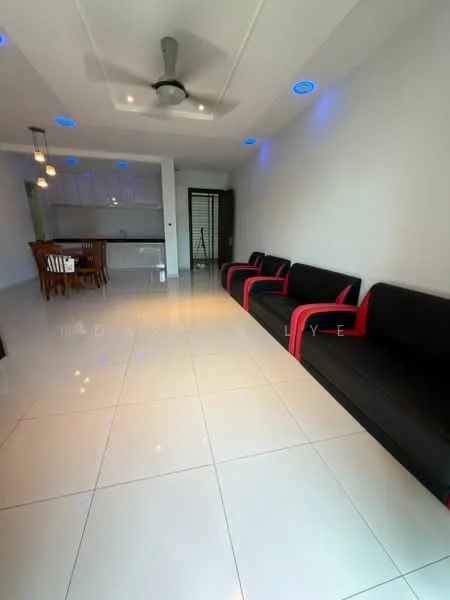 Living features: white painted walls, glossy white tile flooring, tray ceiling with recessed lighting, 5-blade ceiling fan with light, black fabric sofas with red accents, dining table with chairs visible in background, LED strip lighting, open layout to kitchen area; style: modern.