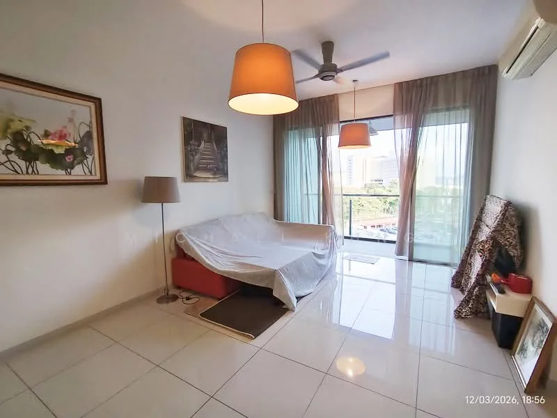 Living features: white painted walls, glossy tile flooring, 5-blade ceiling fan with light, floor-to-ceiling windows, sheer curtains, sofa covered with white sheet, lamp on side table, decorative rug, air conditioning unit, decorative artwork on wall; style: modern; view: city.