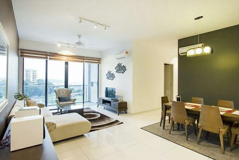 Living features: 3-seater fabric sofa in beige, armchair with a patterned cushion, coffee table, TV console, wall-mounted TV, area rug with geometric pattern, floor-to-ceiling windows, sliding glass door, ceiling fan with light, recessed downlights, decorative wall art, white painted walls, tile flooring; style: modern; view: city. Dining features: 6-seater dining table, upholstered dining chairs, table setting with placemats, pendant lamp, dark accent wall, tile flooring; style: modern; view: city.