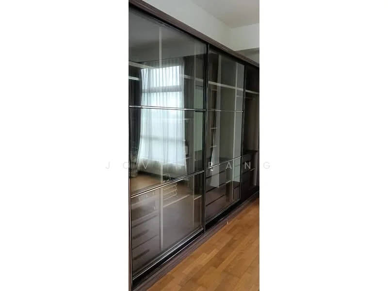 Room features: built-in wardrobe with glass doors, wooden flooring, natural light from window, multiple storage compartments, neutral wall color, minimalist design; style: modern.
