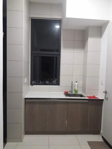 Kitchen features: single-bowl stainless-steel sink, chrome pull-down faucet, white quartz countertop, wood cabinetry with flat-panel design, grey tiled backsplash, white wall tiles, grey floor tiles, window with black frame; style: modern.