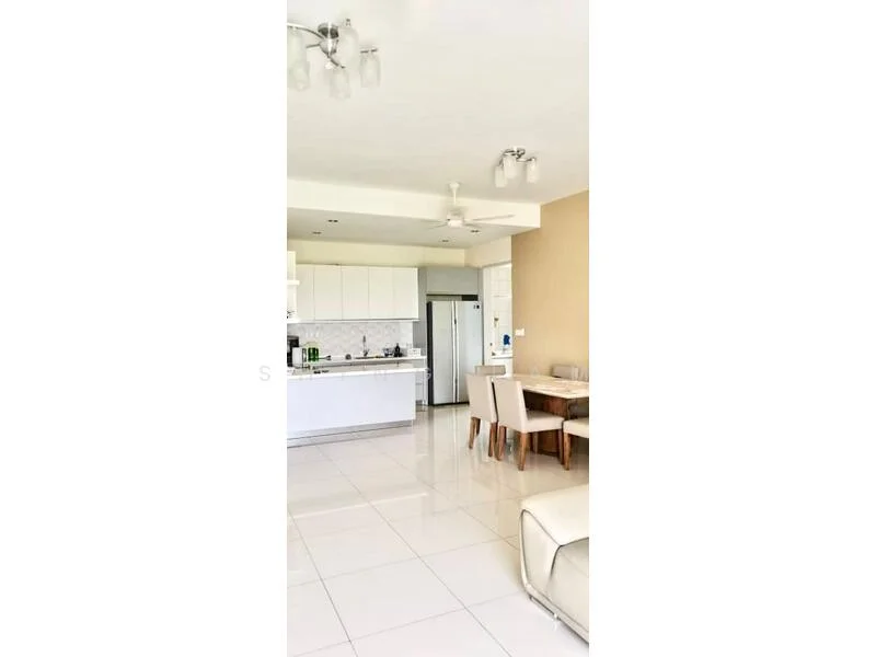 Kitchen features: white cabinetry, marble countertop, stainless-steel fridge, built-in oven, 4-burner gas hob, double-bowl stainless-steel sink, chrome pull-down faucet, white tiled backsplash, recessed downlights, floor-to-ceiling windows, ceramic tile flooring, ceiling fan; style: modern. Dining features: 6-seater dining table, wooden dining chairs, pendant lighting; style: modern. Living features: 2-seater fabric sofa, coffee table, area rug, recessed downlights; style: modern.