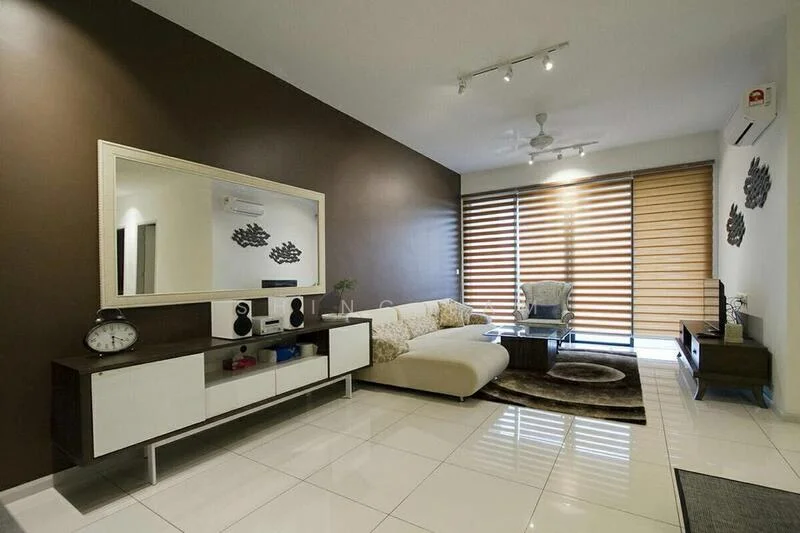 Living features: cream L-shape sectional sofa, round coffee table, wall-mounted TV, white console cabinet, decorative wall art, area rug with geometric pattern, 5-blade ceiling fan with light, floor-to-ceiling windows with wooden blinds, white tiled flooring, wall-mounted air conditioning unit, decorative mirror; style: modern.
