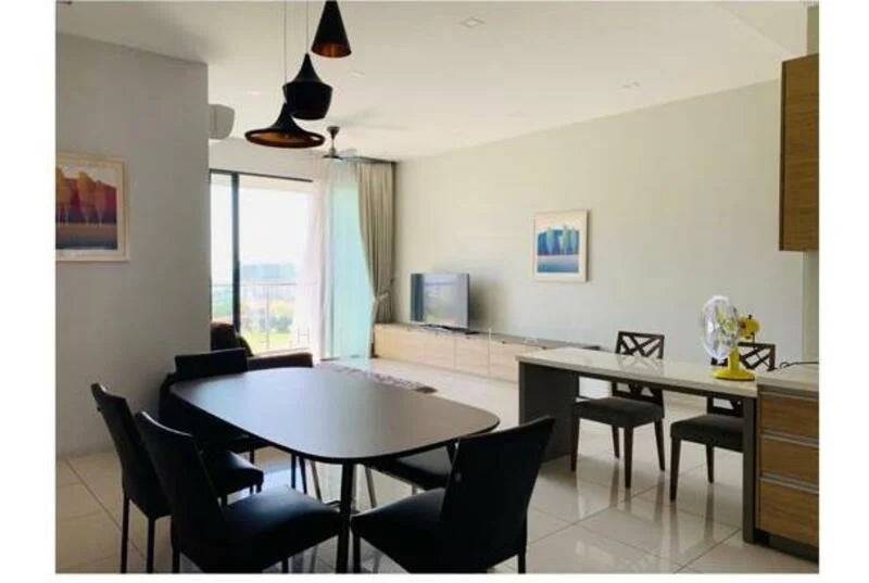 Dining features: black dining table, black dining chairs, pendant lighting, floor-to-ceiling windows, light grey walls, white tiled flooring, TV console, wall-mounted TV, decorative artwork, curtains, ceiling fan; style: modern; view: city.