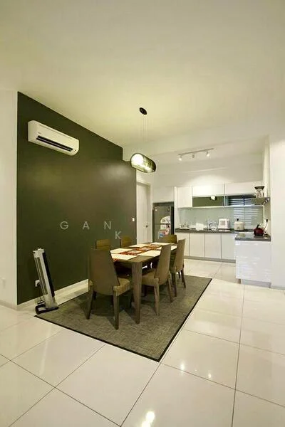 Dining features: 4-seater dining table, upholstered dining chairs, pendant light, green accent wall, white painted walls, ceramic tile flooring, wall-mounted split AC, area rug, kitchen cabinetry visible in background, recessed lighting; style: modern.