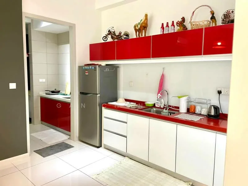 Kitchen features: red high-gloss cabinetry, white lower cabinetry, stainless-steel fridge, built-in oven, 4-burner gas hob, white countertop, kitchen sink, chrome pull-down faucet, decorative items on shelves, white tiled backsplash, ceramic tile flooring, recessed lighting; style: modern. Room features: grey painted walls, doorway leading to another room.