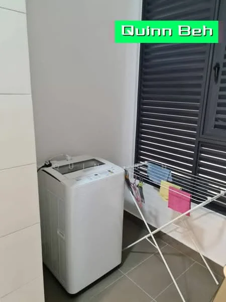 Laundry features: top-load washing machine, foldable drying rack, grey tiled flooring, white painted walls, window with horizontal slats, clothes pegs on drying rack; style: modern.