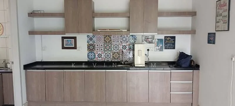 Kitchen features: laminate cabinetry in light wood finish, black granite countertop, single-bowl stainless-steel sink, chrome pull-down faucet, decorative tile backsplash with colorful patterns, open shelving above countertop, built-in electrical outlets, wall-mounted kitchen accessories, framed artwork on wall, wall-mounted sign, floor tiles in neutral color; style: modern.