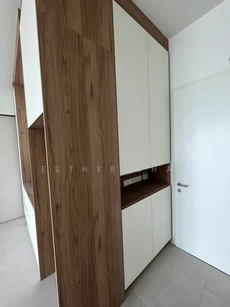 Room features: wood paneling, white cabinetry, built-in storage, smooth wall finish, neutral tile flooring, door with handle, open shelving, countertop surface; style: modern.