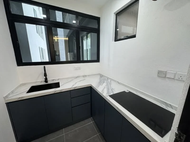 Kitchen features: black single-bowl sink, black gooseneck faucet, marble countertop, dark cabinetry, built-in induction hob, grey tile flooring, white painted walls, large windows, modern lighting; style: modern.