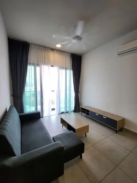 Living features: 3-seater fabric sofa in grey, wood coffee table, TV console with drawers, floor-to-ceiling windows, sheer curtains, blackout curtains, ceiling fan, wall-mounted split AC, light-colored tiled flooring, white painted walls; style: modern.