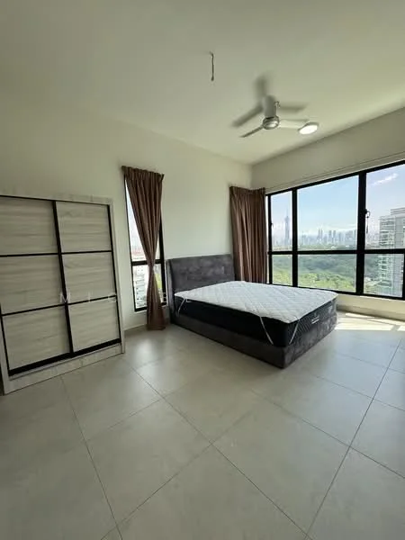 Bedroom features: floor-to-ceiling windows, grey upholstered headboard, queen-size bed, ceiling fan, light brown curtains, light-coloured walls, tile flooring, built-in wardrobe with sliding doors; style: modern; view: city.