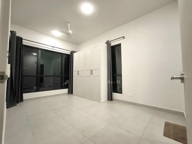 Bedroom features: grey tiled flooring, white painted walls, 5-blade ceiling fan, floor-to-ceiling windows, blackout curtains, built-in wardrobe with sliding doors, recessed lighting, neutral color scheme; style: modern.