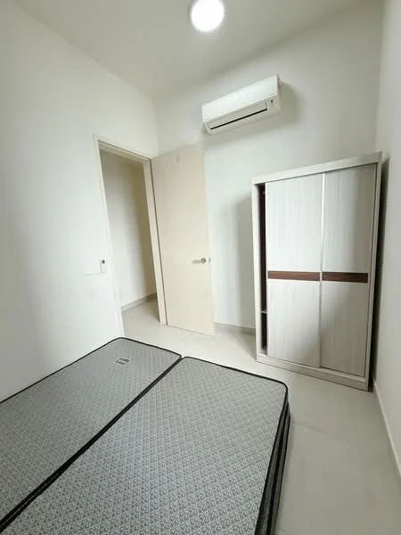 Bedroom features: two single mattresses on bed frame, white painted walls, light-colored tiled flooring, 1 wall-mounted split AC, built-in wardrobe with sliding doors, door leading to hallway, ceiling light fixture; style: modern.