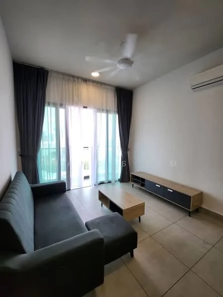 Living features: 3-seater fabric sofa in grey, wood coffee table, TV console with drawers, floor-to-ceiling windows, sheer curtains, blackout curtains, ceiling fan, wall-mounted split AC, light-colored tiled flooring, white painted walls; style: modern.