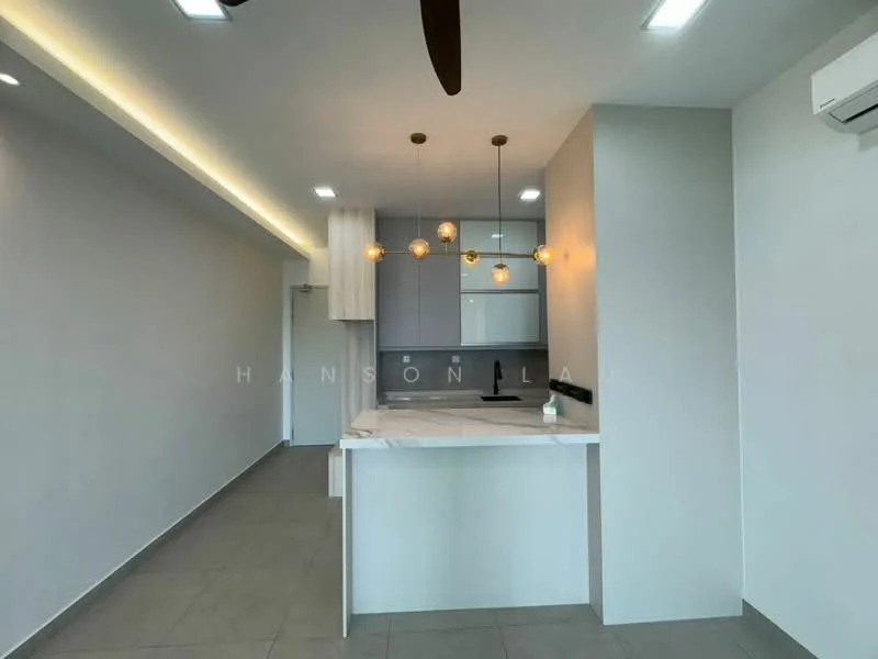 Kitchen features: marble countertop, single-bowl stainless-steel sink, chrome pull-down faucet, white cabinetry, pendant lighting with multiple bulbs, 5-blade ceiling fan with light, grey tiled flooring, recessed LED downlights, open layout, wall-mounted split AC; style: modern.