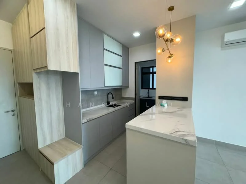 Kitchen features: grey cabinetry with flat-panel doors, white marble countertop, single-bowl stainless-steel sink, chrome pull-down faucet, built-in oven, stainless-steel range hood, ceramic tile flooring, recessed downlights, pendant light fixture, wall-mounted air conditioning unit, open shelving, backlit wall panel; style: modern.