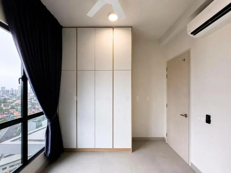 Room features: floor-to-ceiling windows, white painted walls, light grey tile flooring, built-in wardrobe with white cabinetry, ceiling fan, wall-mounted split AC, dark blue curtains, door with handle; style: modern; view: city.