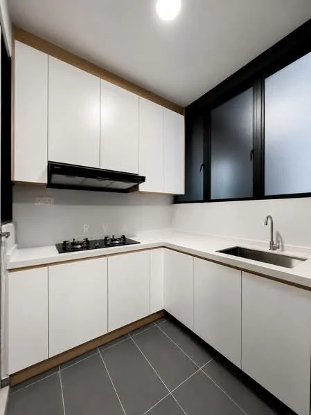 Kitchen features: white flat-panel cabinets, black countertop, stainless-steel sink, chrome pull-down faucet, built-in gas hob with 2 burners, black range hood, grey ceramic tile flooring, large black-framed windows; style: modern.