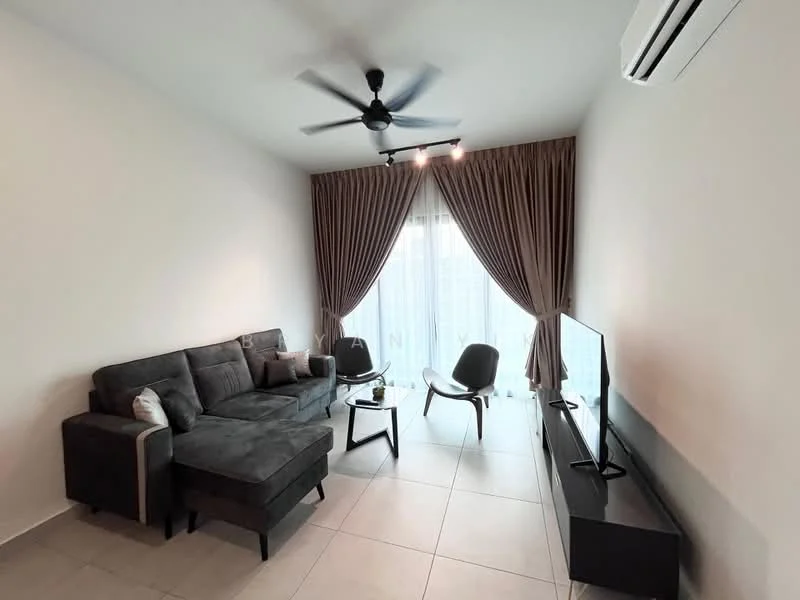 Living features: 3-seater fabric sofa in grey, ceiling fan, floor-to-ceiling windows, sheer curtains, TV console, wall-mounted TV, area rug, light-colored tiled flooring, decorative throw pillows, coffee table, recessed downlights; style: modern; view: city.