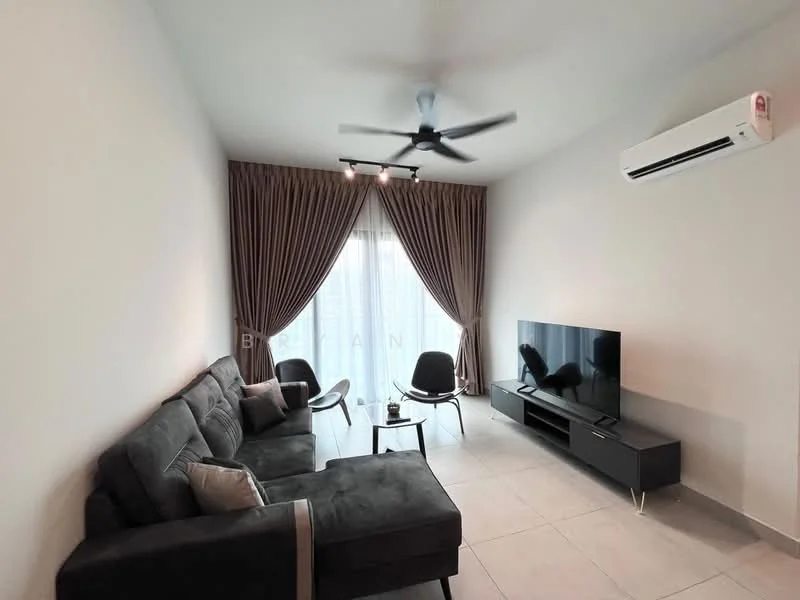 Living features: 3-seater fabric sofa in grey, 2 black chairs, coffee table, wall-mounted TV, TV console with storage, floor-to-ceiling windows, sheer curtains, recessed downlights, ceiling fan with light, light grey tiled flooring, white painted walls, air conditioning unit; style: modern.