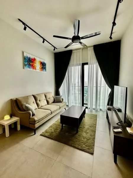 Living features: 3-seater fabric sofa in beige, coffee table, wall-mounted TV, TV console, area rug with solid pattern, 5-blade ceiling fan with integrated LED light, floor-to-ceiling windows, sheer curtains, blackout curtains, decorative artwork on wall, recessed downlights; style: modern; view: city.